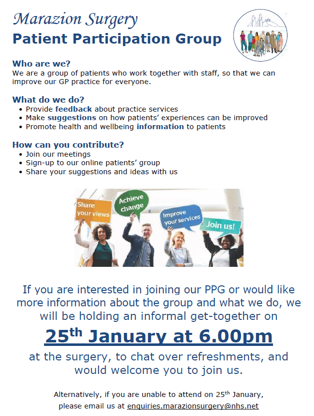 PPG meeting 25th January 2023 at 6pm.